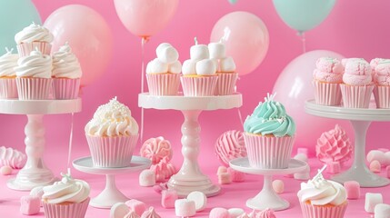 Handmade Sweets In Cups On Stands On A Pink Background Marshmallows And Cream Cake At The Celebration