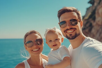 Fototapeta premium Happy Family with Baby Enjoying Sunlit Day on Coastal Beach : Generative AI