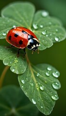 Macro Shot of a Bright Red Ladybug Perched on a Four-Leaf Clover Capturing Nature's Beauty and Luck