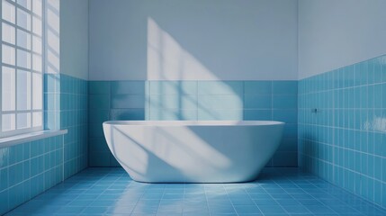 White and blue tiled bathroom interior featuring a bathtub