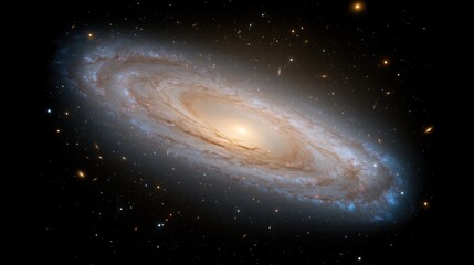 Spiral galaxy with a bright yellow center. The galaxy is surrounded by a dark background. The...