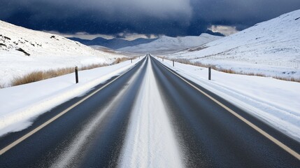 Snowy road with a long line of snow covered trees in the background. The road is empty and the sky is dark and cloudy