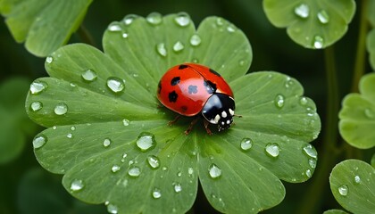 Obraz premium Stunning Macro Shot of a Bright Red Ladybug Resting on a Four-Leaf Clover, Perfect for Nature Lovers and Symbolism of Good Luck