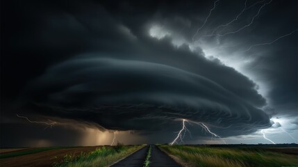 Storm is brewing in the sky, with lightning bolts and dark clouds. Scene is ominous and foreboding
