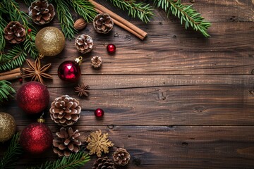 Festive Christmas decorations including pine cones, ornaments, and evergreen branches arranged on a rustic wooden background.
