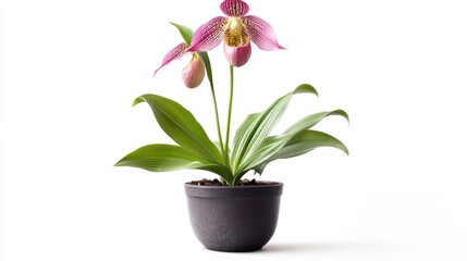 Front view of a Lady Slipper Orchid plant in a pot set against a clean white background