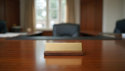 Office desk nameplate in front of a blurred executive chair and window view