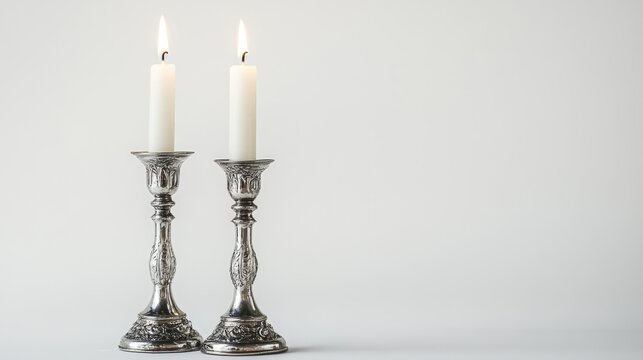 Two candles in silver candlesticks set against a white background representing an evening blessing tradition