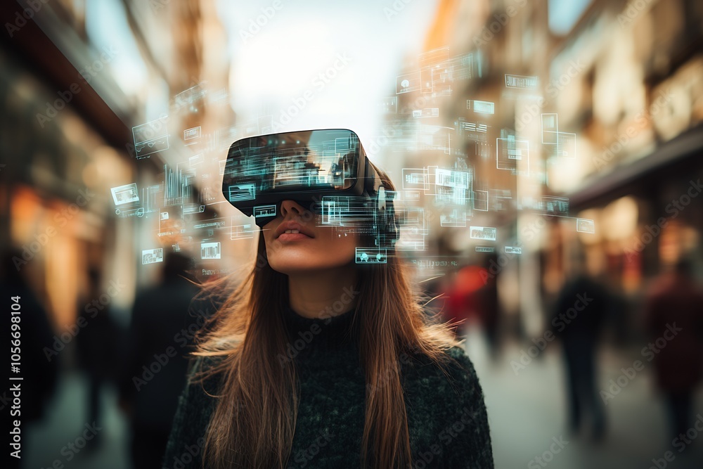 Aufkleber Futuristic Virtual Reality Experience in Urban Setting Envisioning Digital Worlds : Generative AI