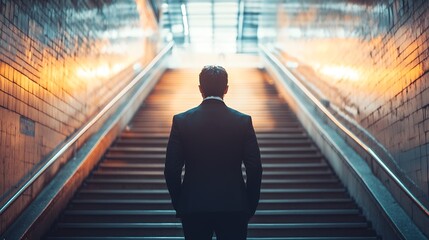 Obraz premium Businessman ascending illuminated staircase symbolizing ambition and career success : Generative AI