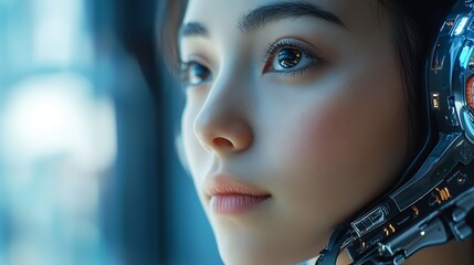 Futuristic Cybernetic Woman with High Tech Headgear Close Up Portrait : Generative AI