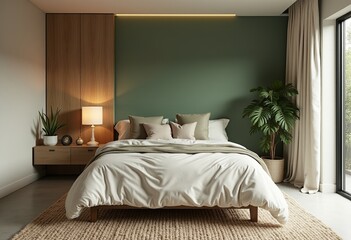 Stylish and Serene: A Modern Minimal Bedroom Blending Mid-Century Elegance with Organic Textures and Calming Green Accents
