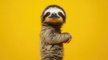 A curious baby sloth stands on its hind legs against a vibrant yellow background showcasing a playful and charming depiction of wildlife curiosity and animal humor