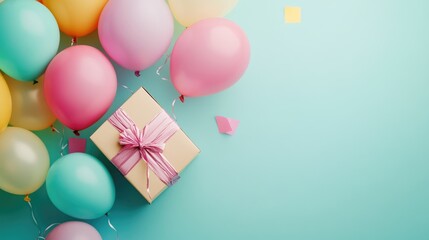 Colorful birthday balloons with a gift box arranged in a flat lay style for a festive celebration