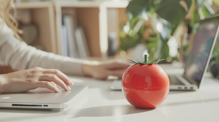 Person Working on Laptop with Tomato-Shaped Timer on Desk for Focus