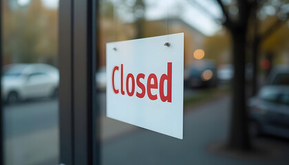 White closed sign with red text hanging on a glass door, outdoor street view in the background