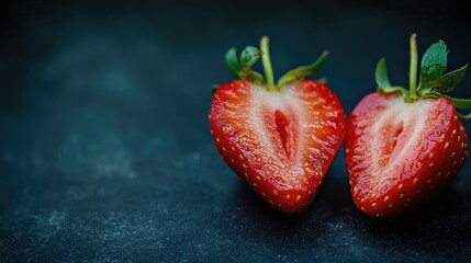 Red Strawberry Cut In Half On Dark Background
