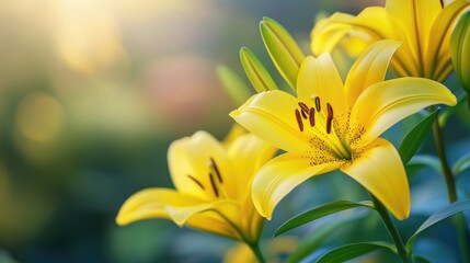Obraz premium Vibrant close up of yellow lilies in a garden showcasing the beauty of nature and botanical elements