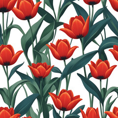 Obraz premium Flowers and leaves background design. Abstract geometric seamless pattern. Decoration floral ornament in retro vintage design style. Red tulip flowers. 