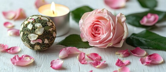 Set Of Pink Rose With Leaf Lying With Candle And Herbal Ball With Pile Of Rose Petals