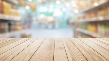 Abstract view of a clean wooden tabletop with a blurred grocery background ideal for product display concepts featuring a serene beach atmosphere with pastel teal bokeh
