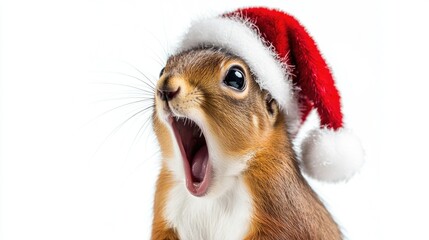 Obraz premium Surprised red squirrel with an open mouth wearing a Santa hat set against a white background