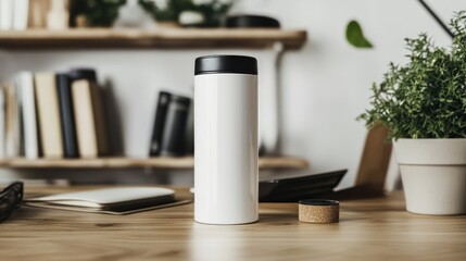 Blank white tumbler bottle with a black cap displayed on a desk ideal for mockup use
