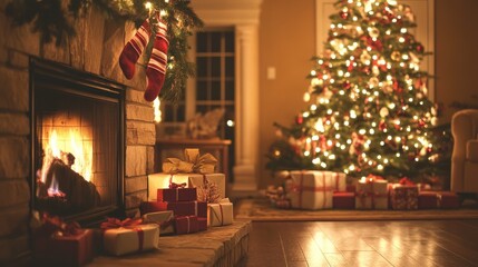 Warm and cheerful holiday setting featuring a illuminated tree a cozy fireplace and wrapped gifts in a dimly lit space