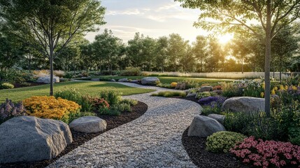 Fototapeta premium A winding stone path through a lush, vibrant garden with a setting sun and large boulders