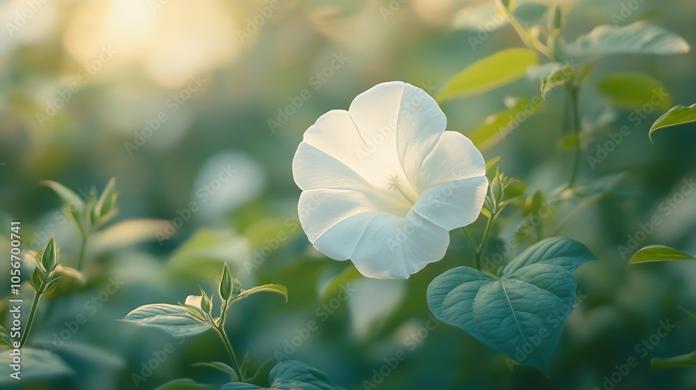 Poster Close-Up of Beautiful White Flower on Leafy Background in Soft Diffuse Light for Botanical Studies : Generative AI