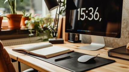 Stylish Workspace with Desktop Computer, Notebook, and Greenery by the Window