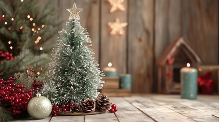 Christmas decorations on a wooden backdrop featuring a vintage style and a green Christmas tree in the scene