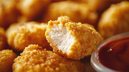 Close up view of crispy chicken nuggets with a fast food theme