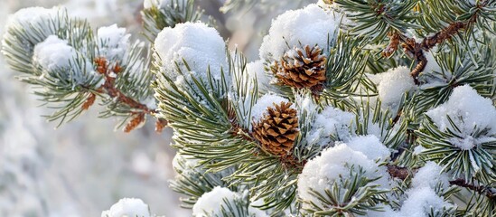 Hillside Pine Tree Green Prickles Covered In Snow Close Up