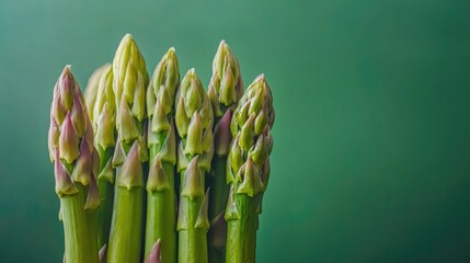 Fresh young asparagus spears against a vibrant green backdrop Concept of healthy eating