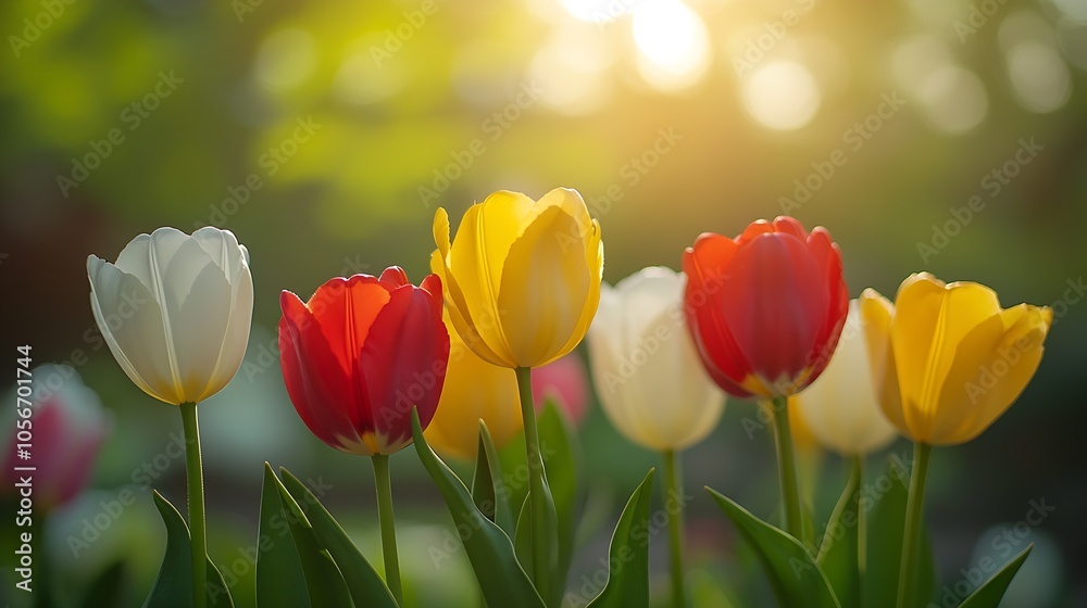 Poster vibrant tulip garden in bloom with springtime sunshine and lush greenery : generative ai