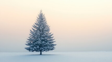 Fototapeta premium Christmas tree standing alone in a serene snowy landscape ideal for a greeting card design featuring space for messages during the holiday season