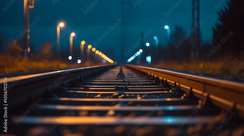 Poster serene nighttime railway scene with distant glowing city lights : generative ai