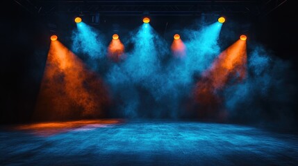 Fototapeta premium Dimly lit empty stage featuring vibrant blue and orange spotlights with fog effects set for a live performance in a club atmosphere