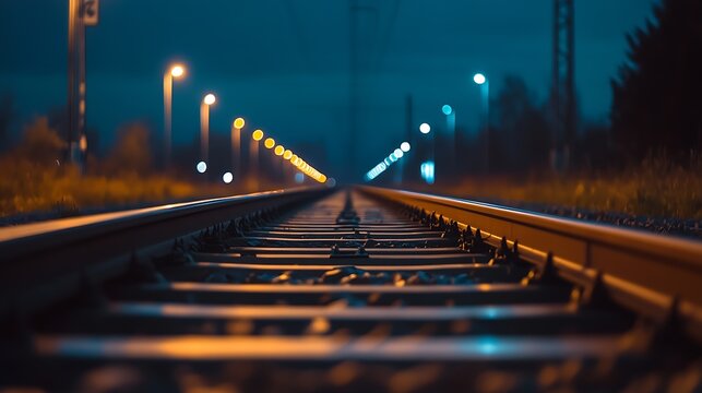 Serene Nighttime Railway Scene with Distant Glowing City Lights : Generative AI