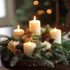 Clean holiday arrangement with a few candles and a simple evergreen centerpiece.