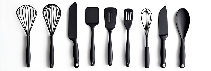 Collection of Black Kitchen Utensils on White Background for Modern Cooking : Generative AI