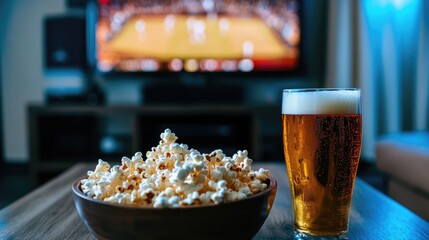 A bowl of popcorn and a glass of beer are placed on a coffee table in front of a television displaying a game
