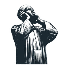 man calling the call to prayer. Black white vector illustration.