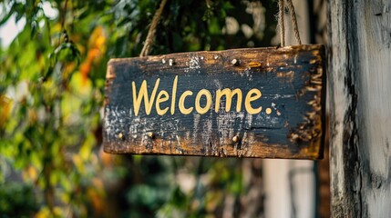Wooden sign with a painted inscription Welcome Handcrafted decor piece for wedding celebrations
