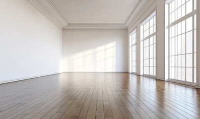 A large, empty room with wooden floors and white walls