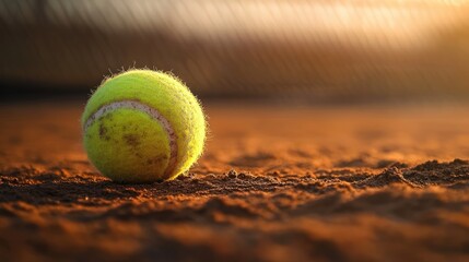 Close up of a tennis ball resting on a clay surface