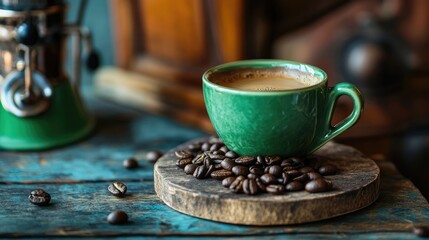 Green coffee cup with beans and a coffee grinder on a rustic wooden surface featuring a vintage aesthetic and ample copy space
