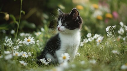 Obraz premium A small black and white kitten sits in the grass surrounded by wildflowers playfully hunting in the meadow Viewed from the side with selective focus on the cat