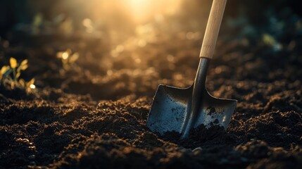 A solitary shovel is embedded in a patch of earth its wooden handle rising from the soil and the metallic blade catching the sun s rays in a soft focused backdrop